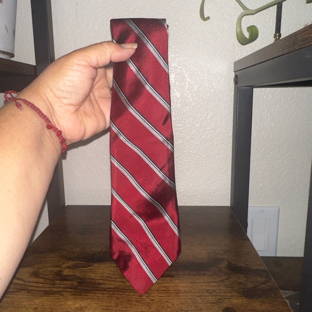 Christian Dior Mens Silk Tie Red Silver Black Diagonal Striped Designer Necktie